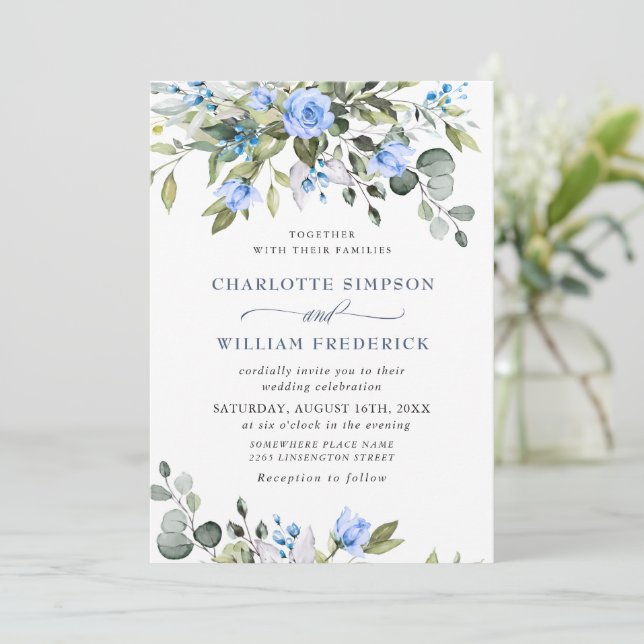 Invitación Bodas de rosas azules de eucalipto elegante (Anverso de pie)