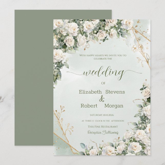 Invitación Bodas de Rosas Blancas Elegantes (Anverso / Reverso)