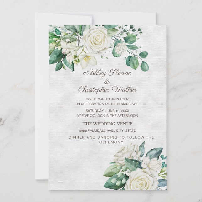 Invitación Bodas de Rosas Blancas Elegantes con Verdor (Anverso)