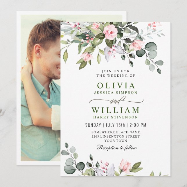 Invitación Bodas de Rosas de Tinte de Eucalipto Elegante con  (Anverso / Reverso)