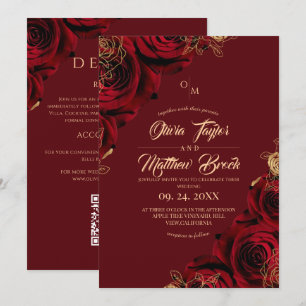 Invitación Bodas de Rosas Doradas Borgoña Todo en Uno
