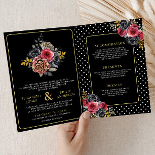 Invitación Bodas de rosas florales de Borgoña todo en uno neg