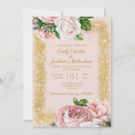 Invitación Bodas de Rosas Florales Rosadas Elegantes con Bril