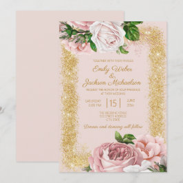 Invitación Bodas de Rosas Florales Rosadas Elegantes con Bril