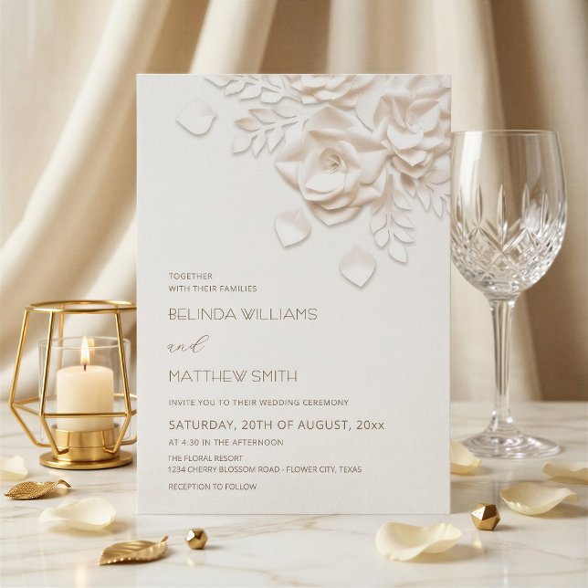Invitación Bodas de Rosas Flores 3D de Crema Sencillas (Subido por el creador)
