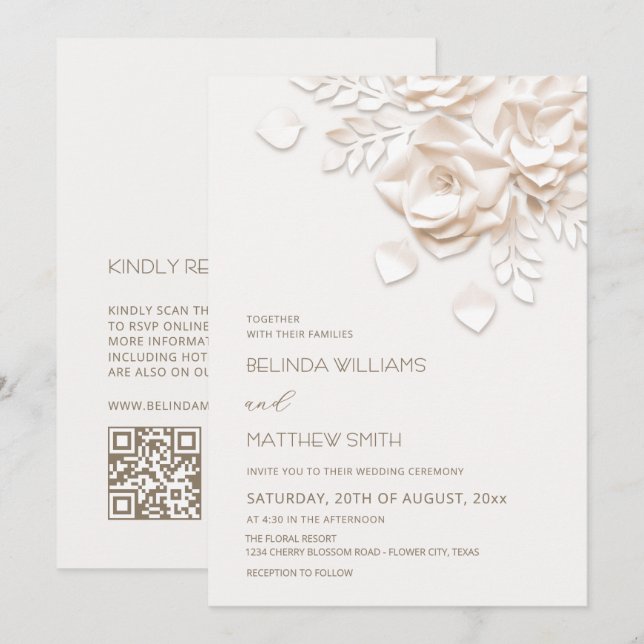 Invitación Bodas de Rosas Flores 3D de Crema Simples (Anverso / Reverso)
