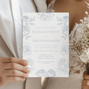 Invitación Bodas de Rosas Francesas Azules y Blancas Modernas