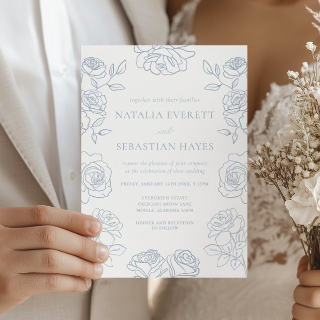 Invitación Bodas de Rosas Francesas Azules y Blancas Modernas (Subido por el creador)