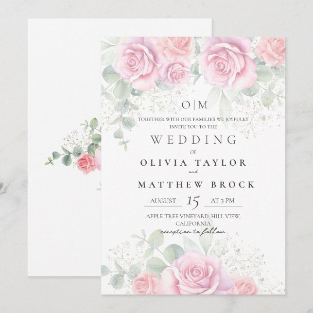 Invitación Bodas de Rosas Pink Suaves y Elegantes (Anverso / Reverso)