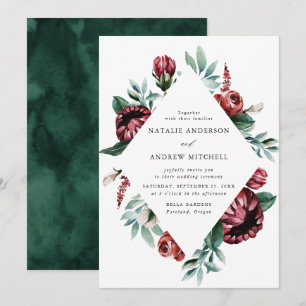 Invitación Bodas de Rosas Rojas Acuarela y Marco Floral Púrpu