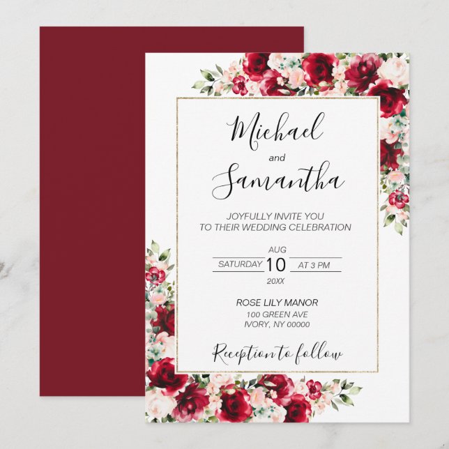 Invitación Bodas de Rosas Rojas y Rubor Elegante (Anverso / Reverso)