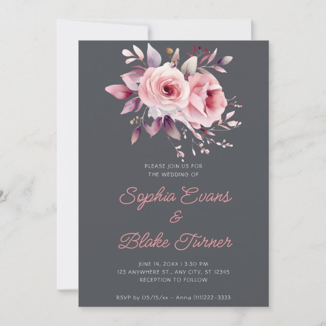 Invitación Bodas de Rosas Rosadas Románticas Modernas con Gra (Anverso)