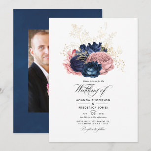 Invitación Bodas de Rosas Vintage Azules y Rosadas Foto