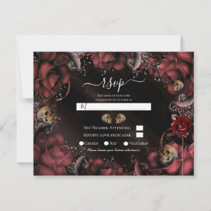 Invitación Bodas de Rosas y Calaveras de Color Rojo Granate c