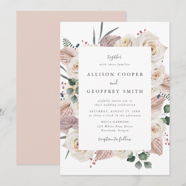 Invitación Bodas de Rosas y Orquídeas en Acuarela (Anverso / Reverso)