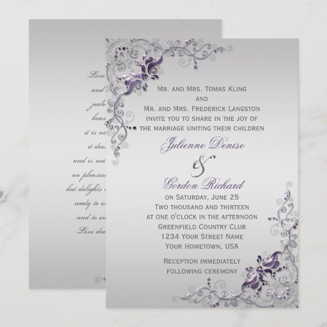 Invitación Bodas de Swirls Floral Ornate Purple Silver (Anverso / Reverso)