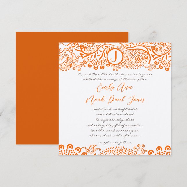 Invitación Bodas del Monograma del Patrón Coral Lovebird nara (Anverso / Reverso)