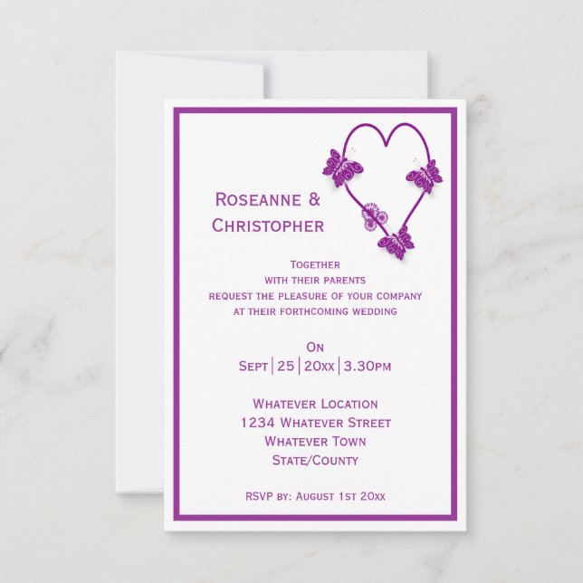 Invitación Bodas Diseño de Corazón Mariposas Moradas (Anverso)