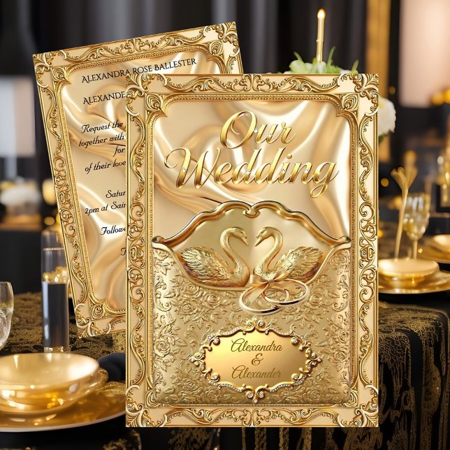 Invitación Bodas Elegantes Cisnes Dorados Anillos Diamantes O (Subido por el creador)