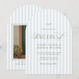Invitación Bodas Elegantes con Arcos en Verde Salvia y Rayas 