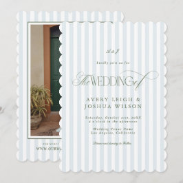Invitación Bodas Elegantes con Rayas Verde Salvia y Azul Esca
