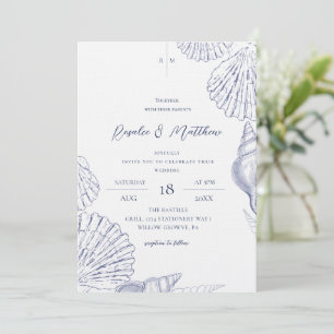 Invitación Bodas elegantes costeras de conchas azules y blanc