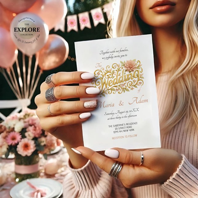 Invitación Bodas Elegantes de Dahlia Rosa con Letra Dorada (Subido por el creador)