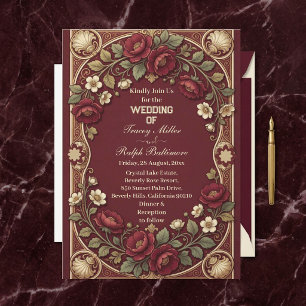 Invitación Bodas Elegantes de Rosas Borgoña Doradas Art Nouve
