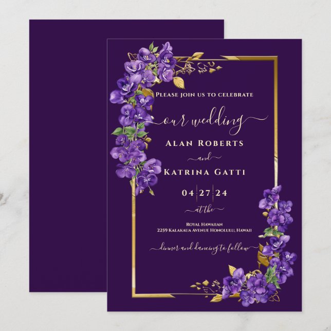 Invitación Bodas Elegantes de Violetas Moradas (Anverso / Reverso)