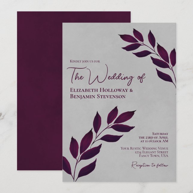 Invitación Bodas Elegantes Hojas Moradas de Cassis Nostálgico (Anverso / Reverso)