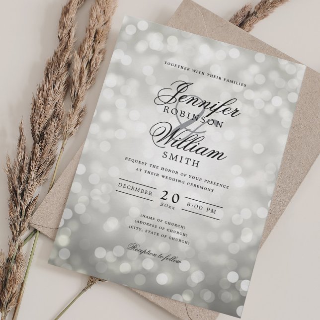 Invitación Bodas Elegantes Luces Bokeh Románticas Plateadas (Elegant Wedding Bokeh Lights Romantic Silver Invitation)