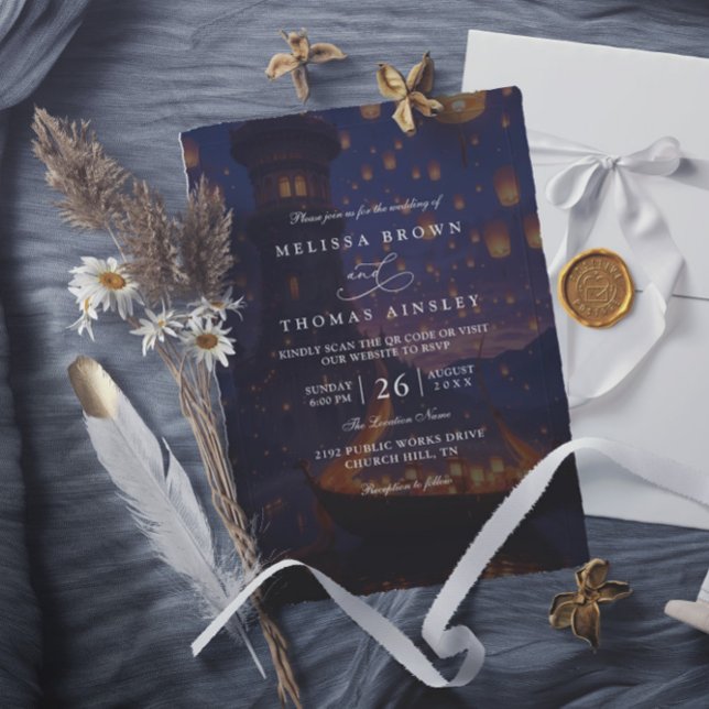Invitación Bodas Elegantes Luces Enredadas Código QR Moderno (Subido por el creador)