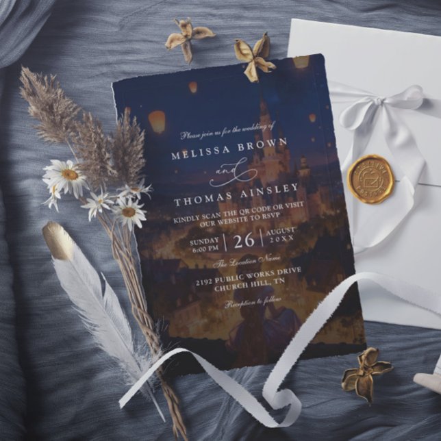 Invitación Bodas Elegantes Luces Enredadas Código QR Moderno (Subido por el creador)