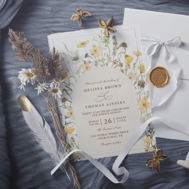 Invitación Bodas Elegantes Modernas Chic Código QR Flores Sil (Subido por el creador)