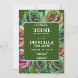Invitación Bodas Elegantes Rosas Flores Y Texto Blanco Verde
