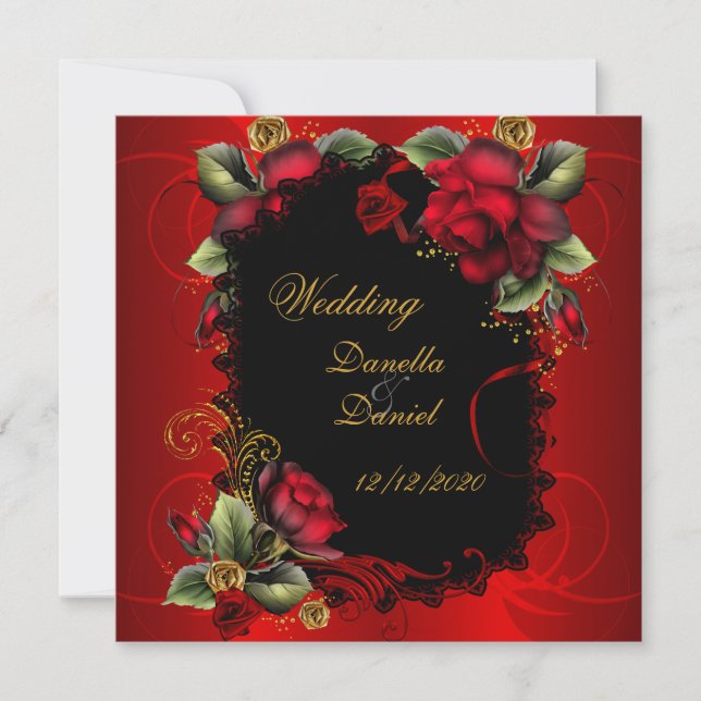 Invitación Bodas Elegantes Rosas Rojas Doradas (Anverso)