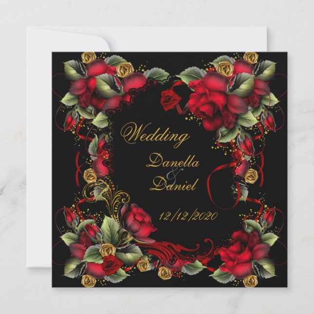 Invitación Bodas Elegantes Rosas Rojas Dorado Negro (Anverso)