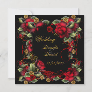 Invitación Bodas Elegantes Rosas Rojas Dorado Negro