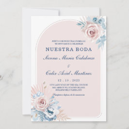 Invitación Bodas en azul empolvado y rosa sonrojo