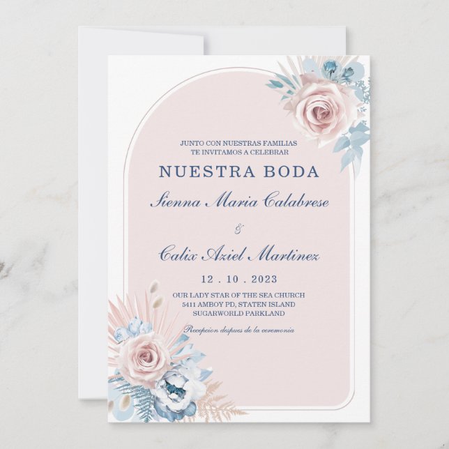 Invitación Bodas en azul empolvado y rosa sonrojo (Anverso)