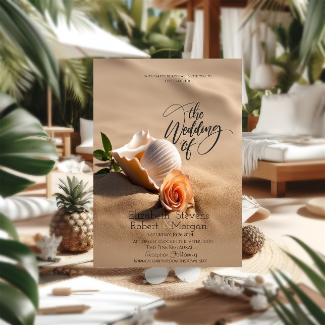 Invitación Bodas en la playa de arena rosa con conchas marina (Subido por el creador)
