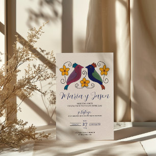 Invitación Bodas Españolas Azul Marino Magenta Floral Aves