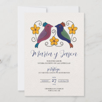 Invitación Bodas Españolas Azul Marino Magenta Floral Aves