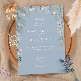 Invitación Bodas Florales Acuarela de Flores Silvestres Azul 