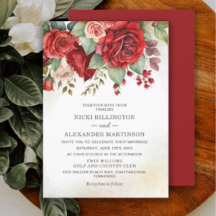 Invitación Bodas Florales Botánicas Elegantes Rosas Rojas Vin