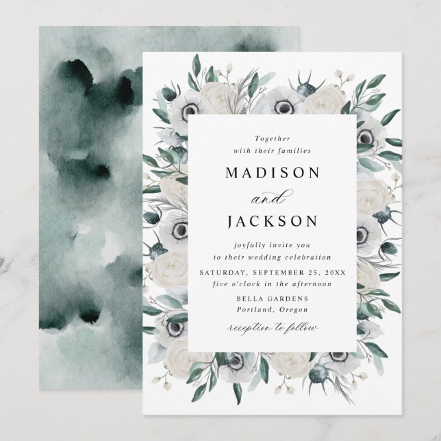 Invitación Bodas Florales de Anémonas Blancas y Rosas (Anverso / Reverso)