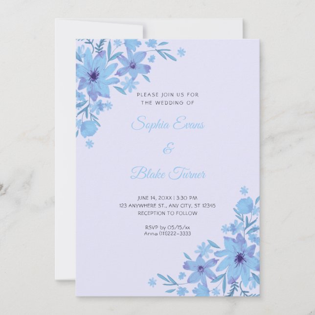 Invitación Bodas Florales de Flores Azules Románticas Lavanda (Anverso)