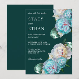 Invitación Bodas Florales de Gemas Verdes y Peonías Turquesa