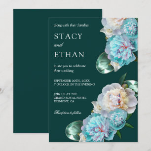Invitación Bodas Florales de Gemas Verdes y Peonías Turquesa