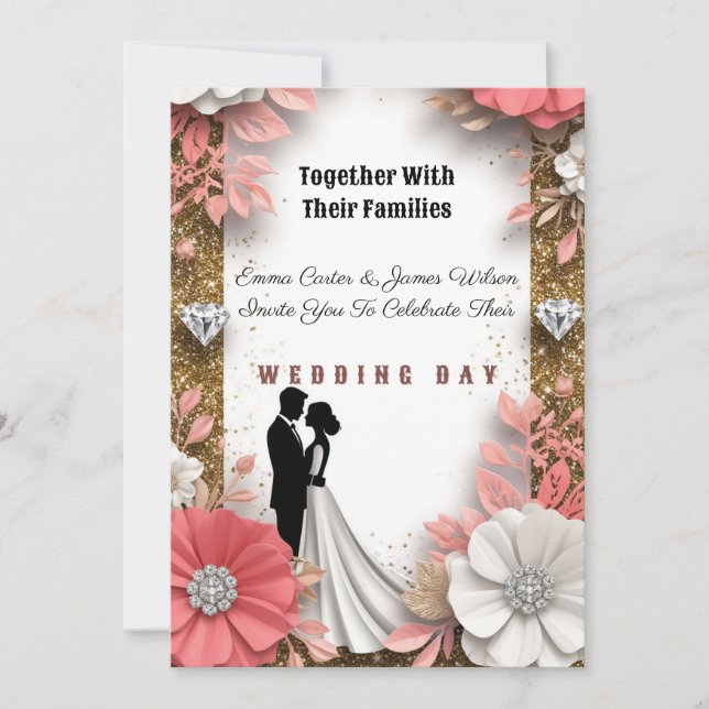 Invitación 💍 Bodas Florales de Melocotón Dorado Sobre Fondo  (Anverso)